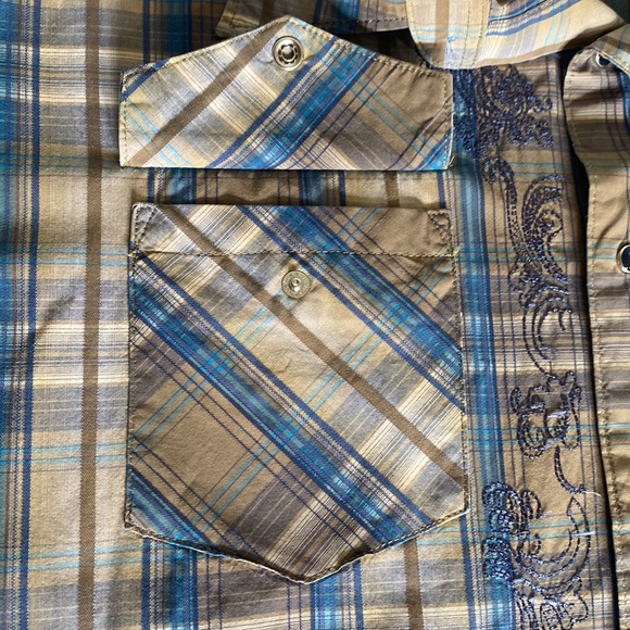 Vintage Wrangler Western Tan Embroidered Long Sleeve Blue Snap Button Shirt Sz L - Picture 12 of 16